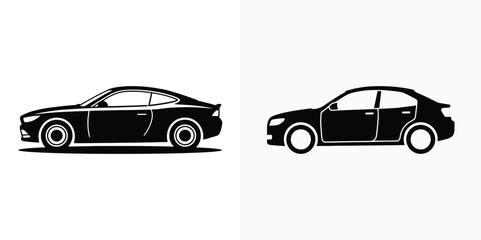 Fototapeta premium Two Cars Icon Black Silhouette, Modern Sports Car and Sedan Auto on White