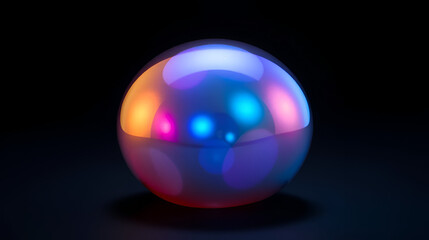 Iridescent blob with smooth surface and vibrant colors on a dark background in a studio setting