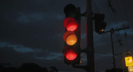 Red and Amber Traffic Light Glowing at Night Under a Dark, Cloudy Sky