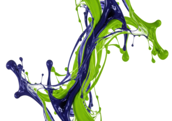 Vibrant deep indigo and electric lime green liquid trails streaking, swirling, diffusing on a transparent background with copy space, concept of fluid dynamics