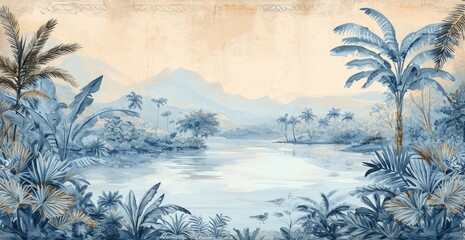 Serene tropical landscape in vintage style art.