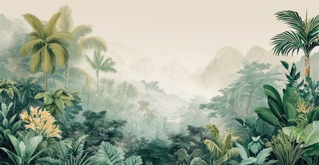 Serene tropical rainforest with misty mountains.