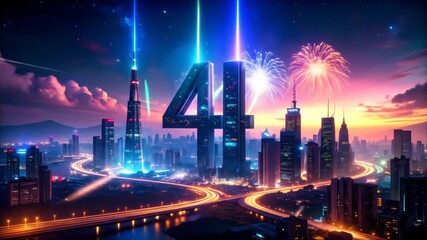 Futuristic city skyline with fireworks and number four - Powered by Adobe