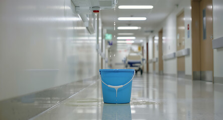 Blue Bucket Collecting Water from Ceiling Leak in Hospital Corridor