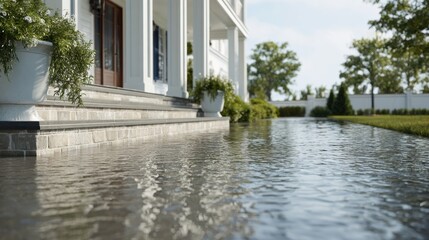Obraz premium A serene low-angle view of a house's exterior with a reflective, wet surface, stone steps, and lush greenery.