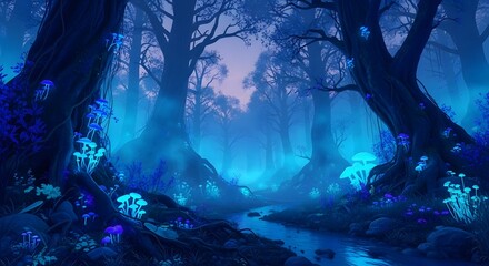 Enchanted forest path illuminated by glowing blue mushrooms and ethereal mist