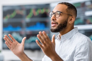 A bearded man in glasses speaks and gestures, with financial charts on screens in the background, discussing market analysis.