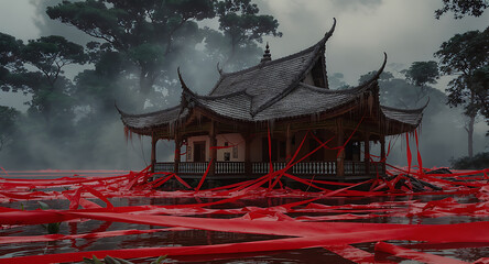 Misty East Asian Pavilion on Water Covered in Red Ribbons and Fabric
