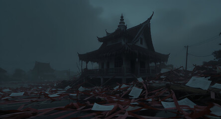 Traditional Asian building amidst widespread disaster debris under dark, stormy sky. Aftermath of catastrophe, resilience.