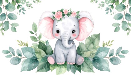 Cute elephant surrounded by leaves