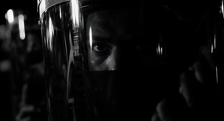 Intense Gaze Through Protective Face Shield in High Contrast Black and White
