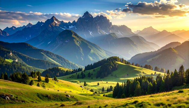 Majestic alpine panorama at sunset