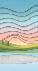 Obraz premium Abstract landscape with layered wavy shapes in pastel colors and a calm body of water
