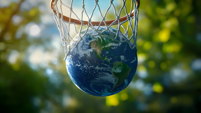 Planet earth basketball concept against nature backdrop for environmental awareness