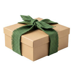 Rectangular unbleached brown recycled cardboard box with natural fiber textures, wrapped in forest green hessian fabric and simple knot, on transparent background, concept of sustainable packaging and
