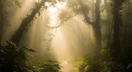 Obraz premium Misty forest path with sunlight streaming through the trees and vines