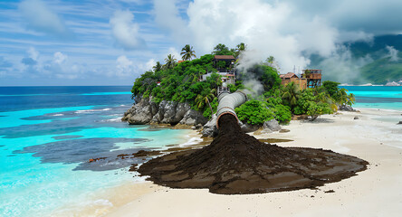 Toxic Sludge Pipe Pollutes Pristine Tropical Island Beach and Turquoise Ocean, Highlighting Environmental Disaster and Ecological Impact