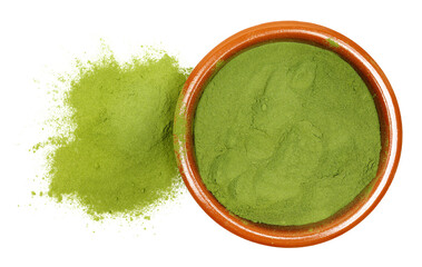 Young barley or wheat grass, green powder in clay pot, isolated on white background, top view, clipping path