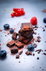 Dark chocolate with berries and cocoa powder.