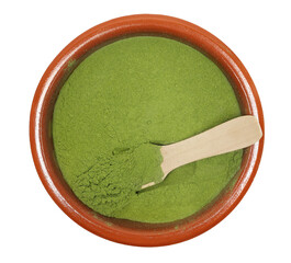 Young barley or wheat grass, green powder in clay pot, isolated on white background, top view, clipping path