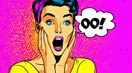 Vibrant Pop Art Woman Shouting with Speech Bubble, Retro Comic Style Illustration