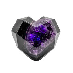 Polished black obsidian heart with shimmering purple amethyst veins, geometric facets, subtle indigo glow, on transparent. Concept of ancient power, mysticism.