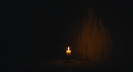 Glowing Candle in Darkness with Dramatic Dancing Shadow