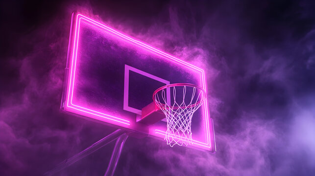 Neon lit basketball hoop glowing in misty digital art scene for modern design