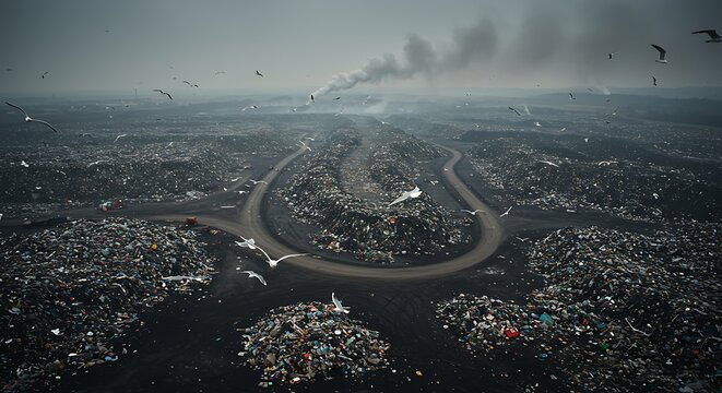 A sprawling landfill scene with circling seagulls, highlighting pollution and environmental concerns.