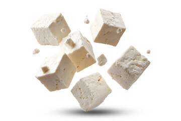 Feta cheese cubes isolated on transparent or white background, png