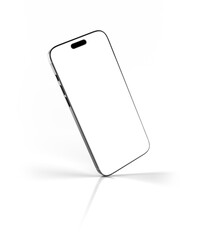 Mobile phone with shadow floating on transparent background. Blank screen for mockup.