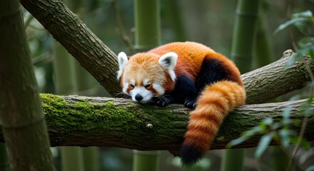 Red Panda Sleeping on Mossy Tree Branch – Peaceful Wildlife Scene in Bamboo Forest
