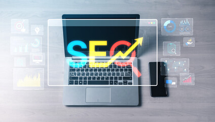 SEO concept for improving SEO visibility, with SEO related digital tools and SEO performance icons...