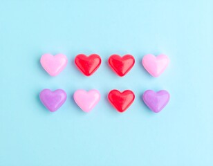 Heart-shaped candies arranged on a pastel background
