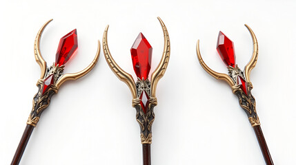 Set of staffs with claw-shaped tops holding red pulsating crystals on white background.