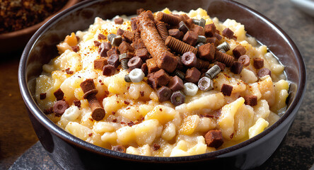 Sweet Dessert Pasta with Chocolate Cereal Toppings in a Bowl