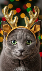 Close up of a gray cat wearing golden reindeer antlers headband with christmas lights in the background, Generative AI