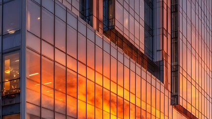 Fototapeta premium Glass facade reflecting orange hues of sunset