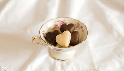 Heart-shaped chocolates in a decorative cup