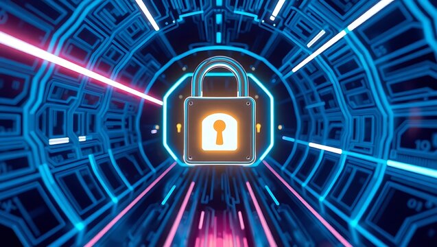 Cybersecurity concept with a glowing padlock in a futuristic digital tunnel with neon lights