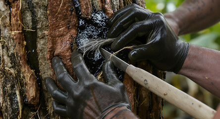 Gloved Hands Working with Dark Natural Resin on Tree Trunk, Using Tool and Fiber for Traditional Resource Extraction or Application