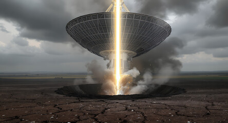 Gigantic Satellite Dish Emitting Intense Golden Energy Beam into Crater on Dry, Cracked Earth Under Ominous Sky – Sci-Fi Concept