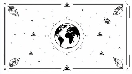 Minimalist Black and White Earth Globe with Leaves and Bee Illustration for Eco Environmental Awareness