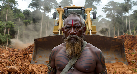 Indigenous Man Confronts Deforestation: Traditional Culture vs. Industrial Land Clearing