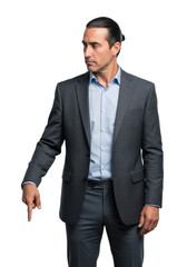 A professional Caucasian man, mid-40s, with dark hair, in a tailored charcoal suit and blue shirt, points left on a transparent studio background, conveying precise analytical insight