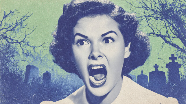 Classic 1950s retro horror portrait of a terrified woman screaming in fear with graveyard background