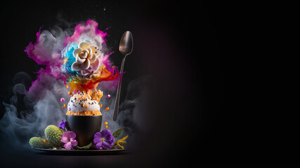 Delicious parfait with bright colors and delicate flowers under accent lighting creates a visually stunning presentation. Colorful parfait offers an explosion of taste and visual appeal,