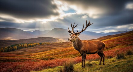 Fototapeta premium Majestic deer with large antlers in autumn landscape, vibrant red & orange hues, rolling hills, mountains, dramatic sky. AI Generated