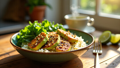 Grilled Tofu and Avocado Rice Bowl with Kale and Sesame Seeds