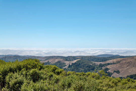 Anniversary trailhead, State Route 35 (SR 35), Skyline Boulevard. Santa Clara Valley Vista Point, San Mateo County, California. Santa Cruz Mountains. Cold summer mediterranean climate

